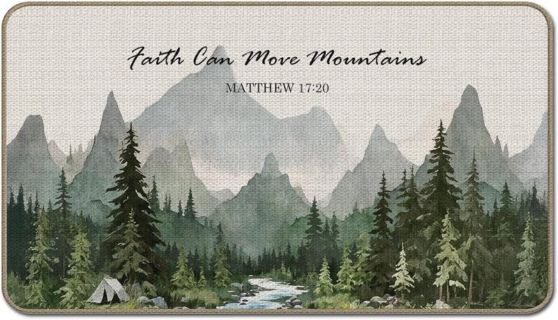 GTYNU Camping Adventure Nature Mountain Door Mat 17 x 30,Faith Can Move Mountains Matthew 17:20 Forest Decor for Indoor Outside Entrance,Gifts for Camping Camper Lover,Camper RV Rugs for Inside - Image 1